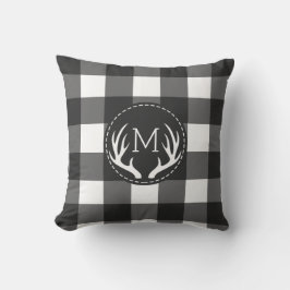 Rustige Monogram Black en White Antlers Kussen