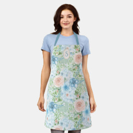 Rustige Monogram Blauwe Roze Groene Floral Schort