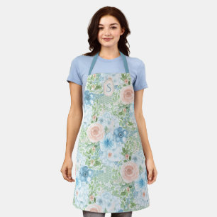 Rustige Monogram Blauwe Roze Groene Floral Schort