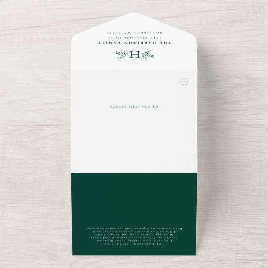 Rustige monogram collage drievoudig groen kerstfee all in one uitnodiging (Buitenkant)