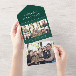 Rustige monogram collage drievoudig groen kerstfee all in one uitnodiging