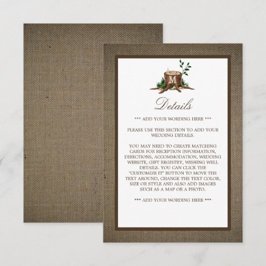 Rustige monogram en burlap Wedding Detail Informatiekaartje (Voorkant / Achterkant)
