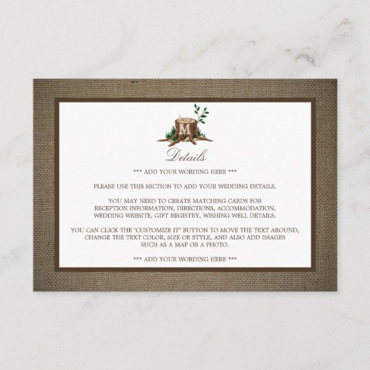 Rustige monogram en burlap Wedding Detail Informatiekaartje (Voorkant)