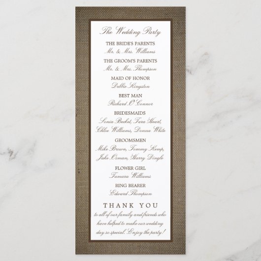 Rustige monogram en Burlap Wedding Program Programmakaart (Achterkant)