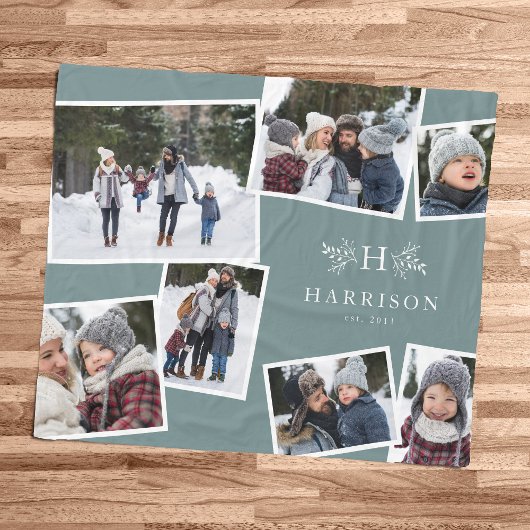 Rustige monogram familiekollage 7 foto blauwgroen fleece deken