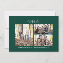 Rustige monogram groene drie foto vakantiekaart feestdagenkaart