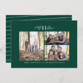 Rustige monogram groene drie fotovakantiekaart feestdagenkaart (Voorkant / Achterkant)
