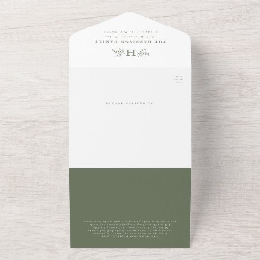 Rustige monogram groene feestdag 5 fotocollage all in one uitnodiging (Buitenkant)