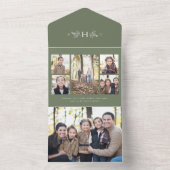 Rustige monogram groene feestdag 5 fotocollage all in one uitnodiging (Binnen)