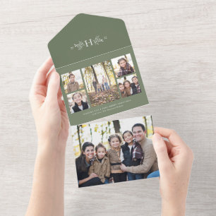 Rustige monogram groene feestdag 5 fotocollage all in one uitnodiging