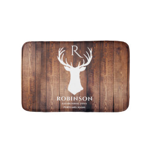 Rustige monogram naam Deer Antler Wood Badmat