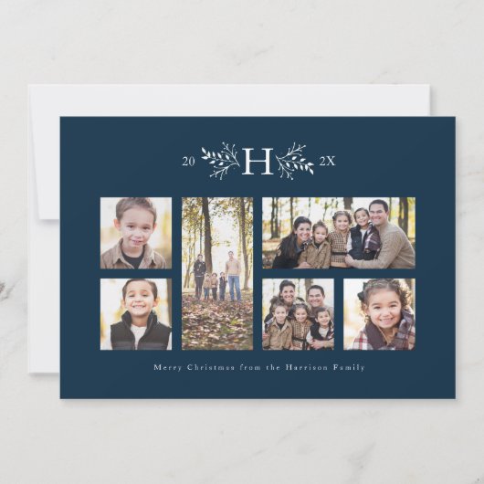 Rustige monogram navy kerst foto collage kaart (Voorkant)