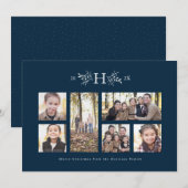 Rustige monogram navy kerst foto collage kaart (Voorkant / Achterkant)