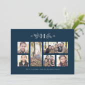 Rustige monogram navy kerst foto collage kaart (Staand voorkant)