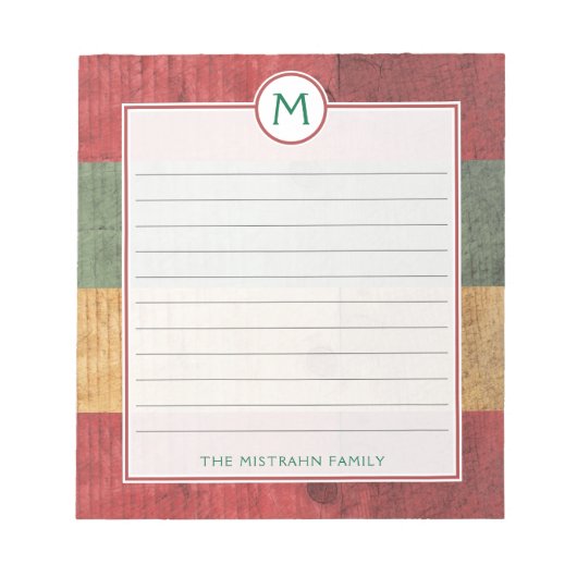 Rustige Monogram Red Green Gold Wood Naam Kerstmis Notitieblok (Voorkant)