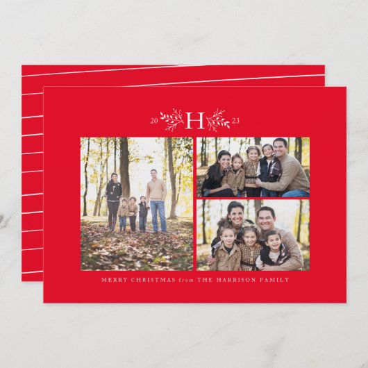 Rustige monogram rode drie kerstfoto feestdagenkaart (Voorkant / Achterkant)