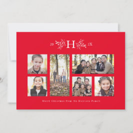 Rustige monogram rode kerst fotocollagekaart feestdagenkaart