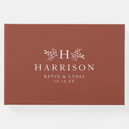 Rustige monogram terracotta roestvalbruiloft gastenboek (Voorkant)