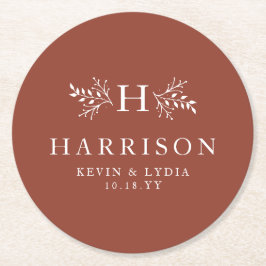 Rustige monogram terracotta roestvalbruiloft ronde kartonnen onderzetter