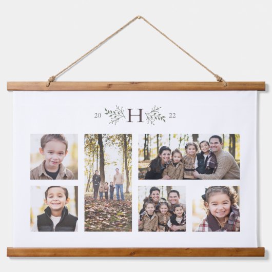 Rustige monogram zes fotocollage familie hangend wandkleed (Voorkant)