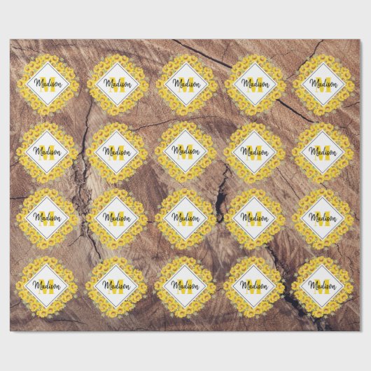 Rustige monogram zonnebloemen & houtextuur cadeaupapier (Vlak)