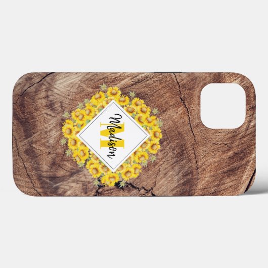Rustige monogram zonnebloemen & houtextuur Case-Mate iPhone case (Achterkant (horizontaal))