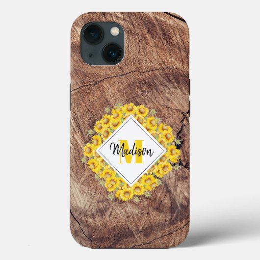 Rustige monogram zonnebloemen & houtextuur Case-Mate iPhone case (Achterkant)