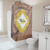 Rustige monogram zonnebloemen & houtextuur douchegordijn (In situ)