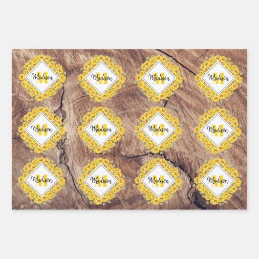 Rustige monogram zonnebloemen & houtextuur inpakpapier vel (Voorkant 2)