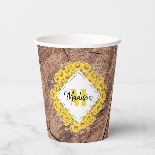 Rustige monogram zonnebloemen & houtextuur papieren bekers (Achterkant)