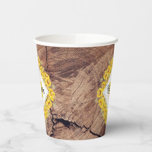 Rustige monogram zonnebloemen & houtextuur papieren bekers (Links)