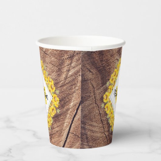 Rustige monogram zonnebloemen & houtextuur papieren bekers (Rechts)