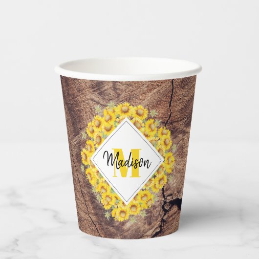 Rustige monogram zonnebloemen & houtextuur papieren bekers (Voorkant)