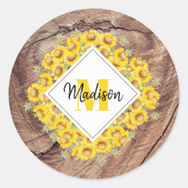 Rustige monogram zonnebloemen & houtextuur ronde sticker