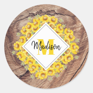 Rustige monogram zonnebloemen & houtextuur ronde sticker