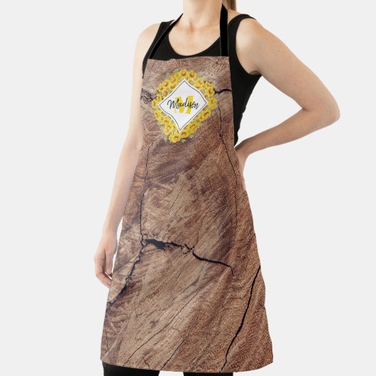 Rustige monogram zonnebloemen & houtextuur schort (Insitu)