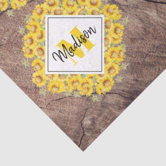 Rustige monogram zonnebloemen & houtextuur tissuepapier (Detail)