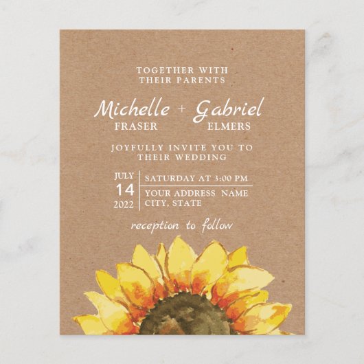Rustige, mooie Zonnebloem Kraft botanical Wedding Flyer (Voorkant)