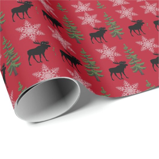 Rustige Moose Snowflake Pine Tree Red Cadeaupapier (Rol Hoek)