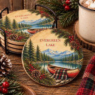 Rustige Mountain Lake Canoe Lodge Cabin Kerstmis | Ronde Kartonnen Onderzetter