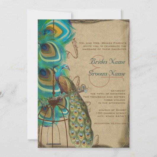 Rustige Musical Peacock Birdcage Feather Wedding Kaart (Voorkant)