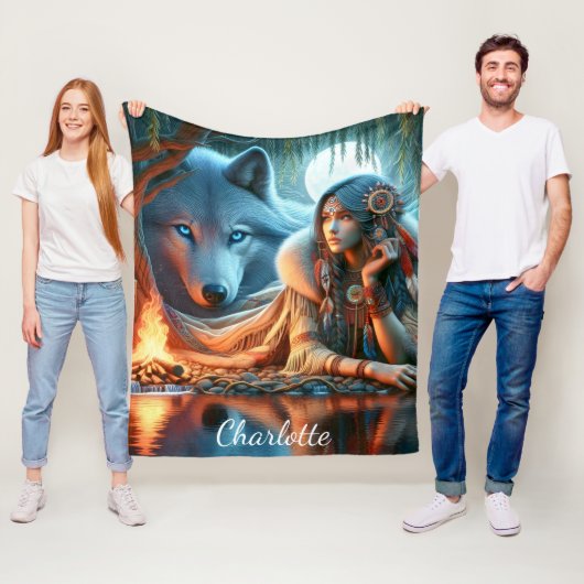 Rustige nacht bij de rivier: Native en wolf Fleece Deken (In situ)