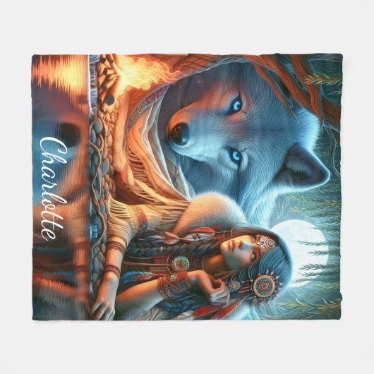 Rustige nacht bij de rivier: Native en wolf Fleece Deken (Voorkant (Horizontaal))