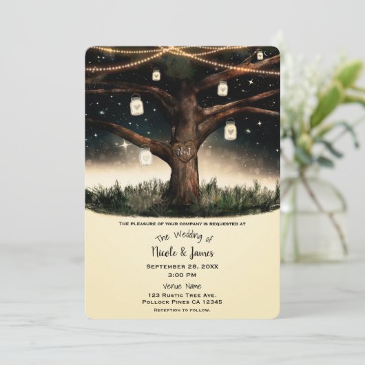 Rustige nachtboom met lampjes- en Mason Jars-bruil Kaart (Staand voorkant)