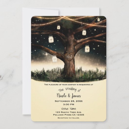 Rustige nachtboom met lampjes- en Mason Jars-bruil Kaart (Voorkant)