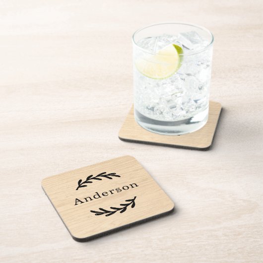 Rustige Natural Wood Laurel Achternaam Monogram Bier Onderzetter (Rechterzijde)