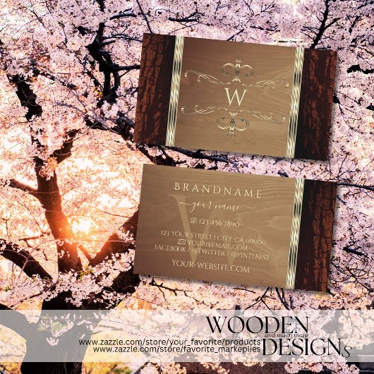 Rustige Natuur Boom Bark Grain Gold Border Monogra Visitekaartje