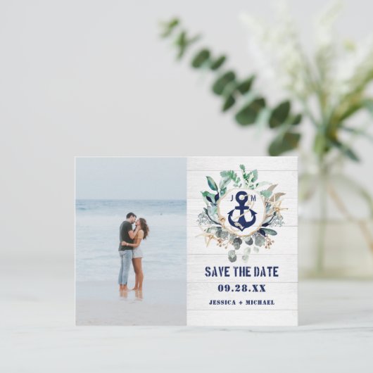 Rustige Nautical Anchor Beach foto slaat de datum  Uitnodiging Briefkaart (Staand voorkant)