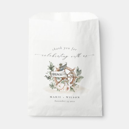 Rustige Nautical Anchor Wheel Leafy Floral Wedding Bedankzakje (Voorkant)