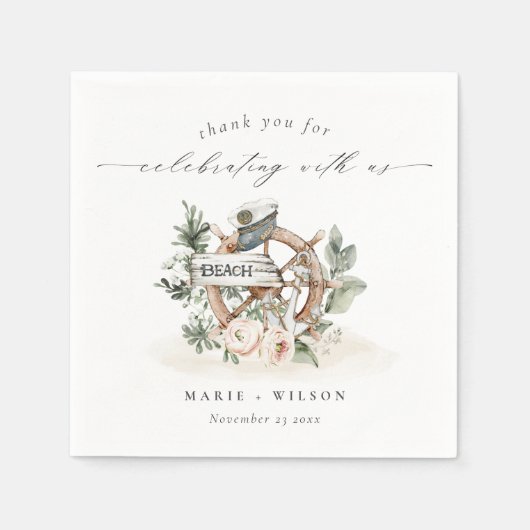 Rustige Nautical Anchor Wheel Leafy Floral Wedding Servet (Voorkant)